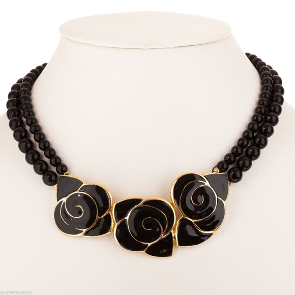 Balenciaga Black Enamel Flower Necklace - Picture 1 of 7
